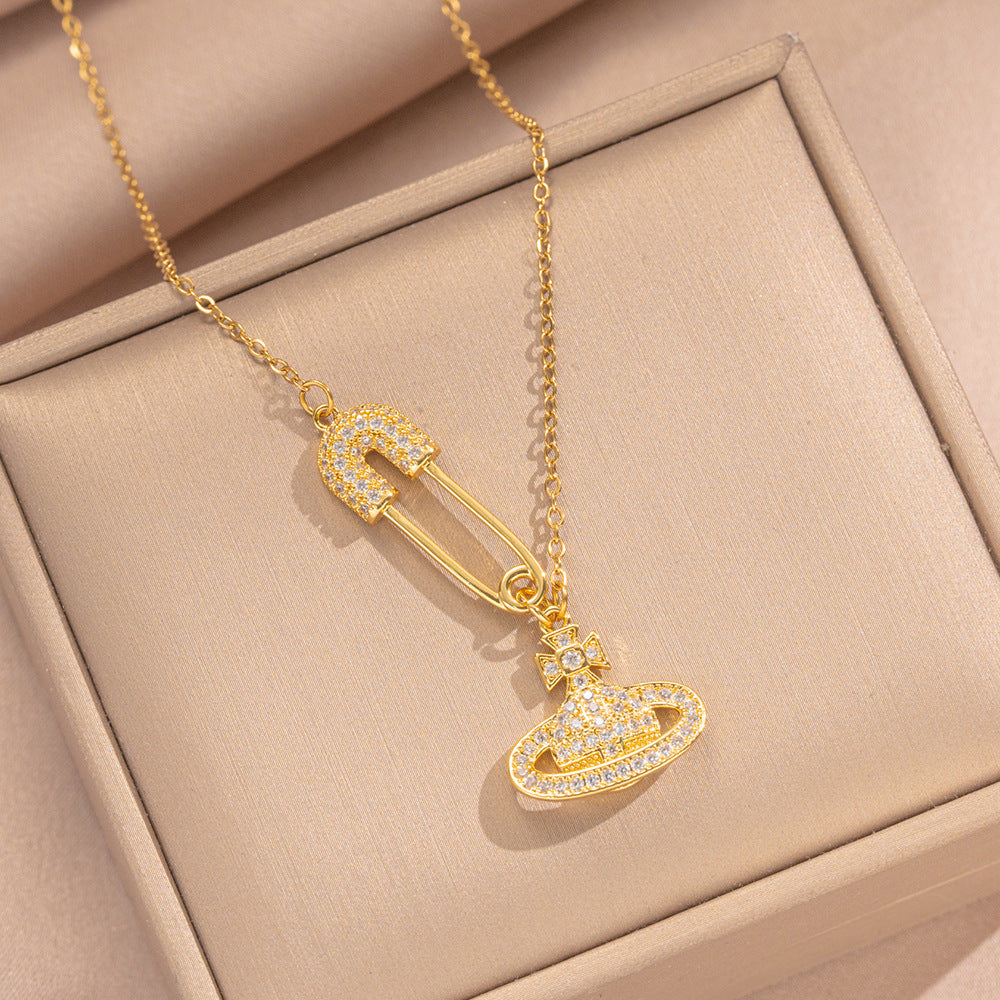 Luxury Saturn-Shaped Micro-Paved Rhinestone Titanium Steel Necklace for Women with Gold-Plated Finish and O-Chain
