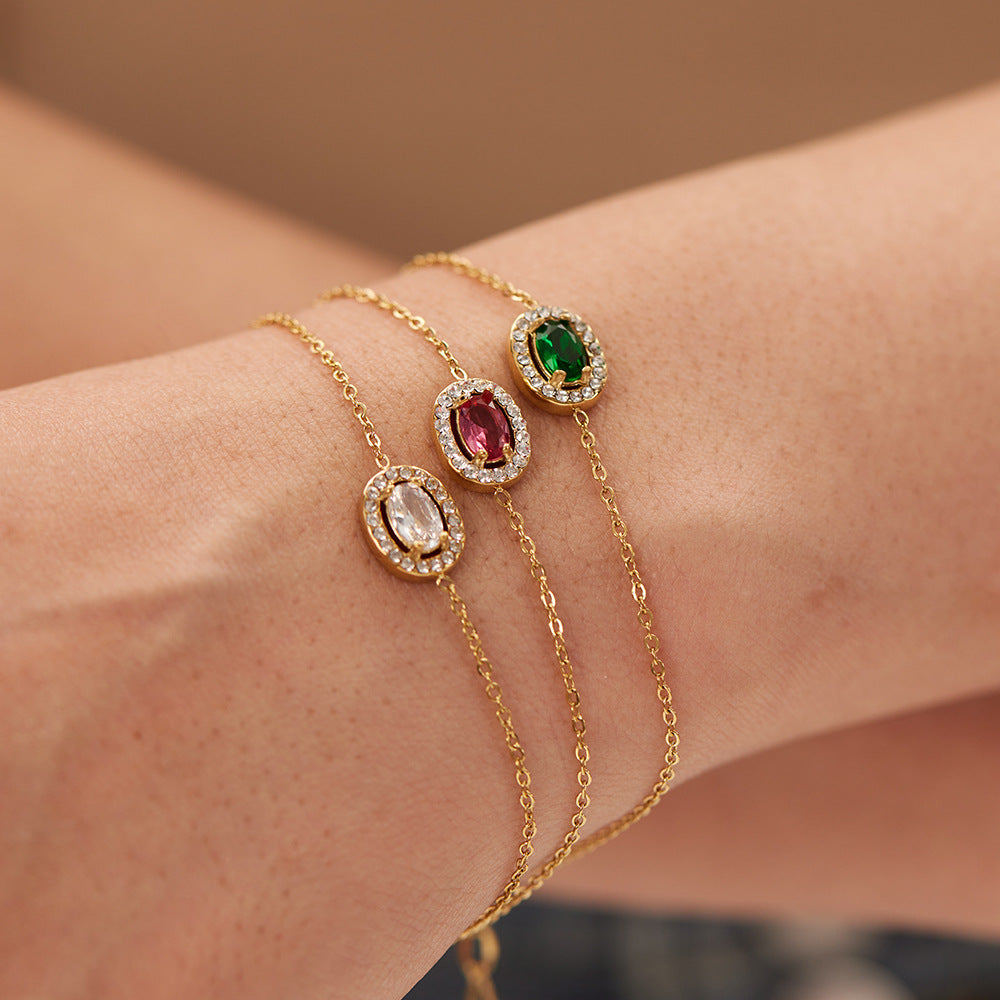 Minimalist Luxe Round Geometric Stainless Steel Bracelet with Zircon Inlay and 18K Vacuum Plating for Women