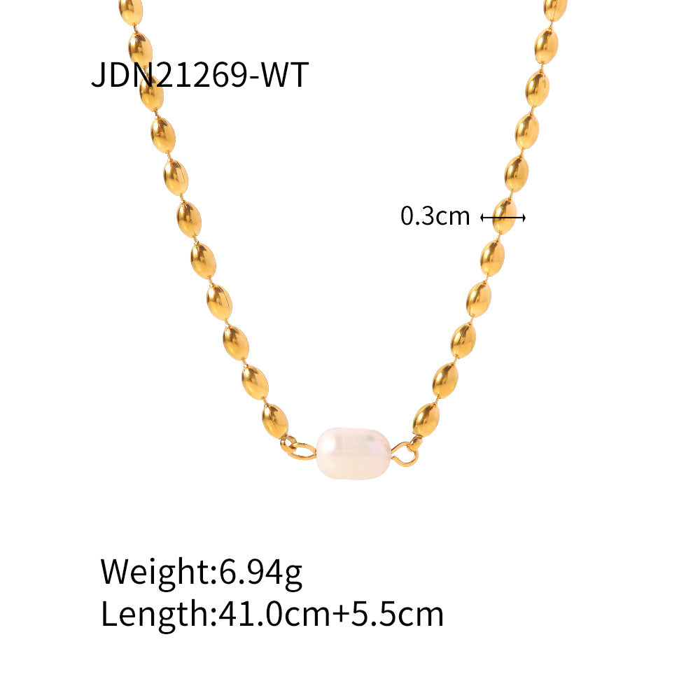 Minimalist Geometric Freshwater Pearl Pendant Titanium Steel Necklace and Bracelet Set for Women