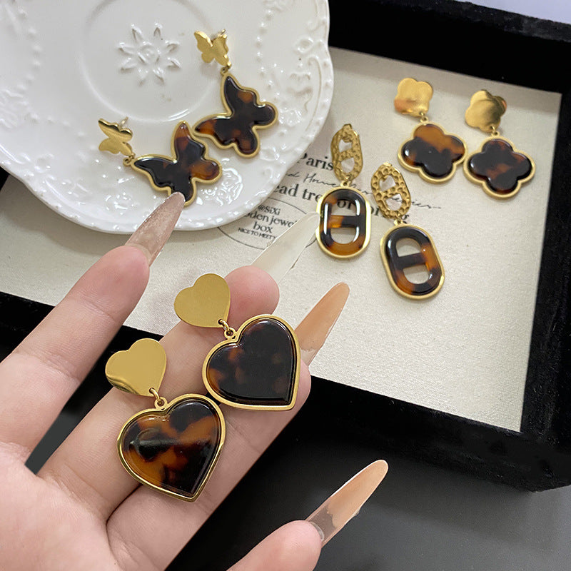 Vintage Elegant Leopard Print Heart Plated Brass Earrings