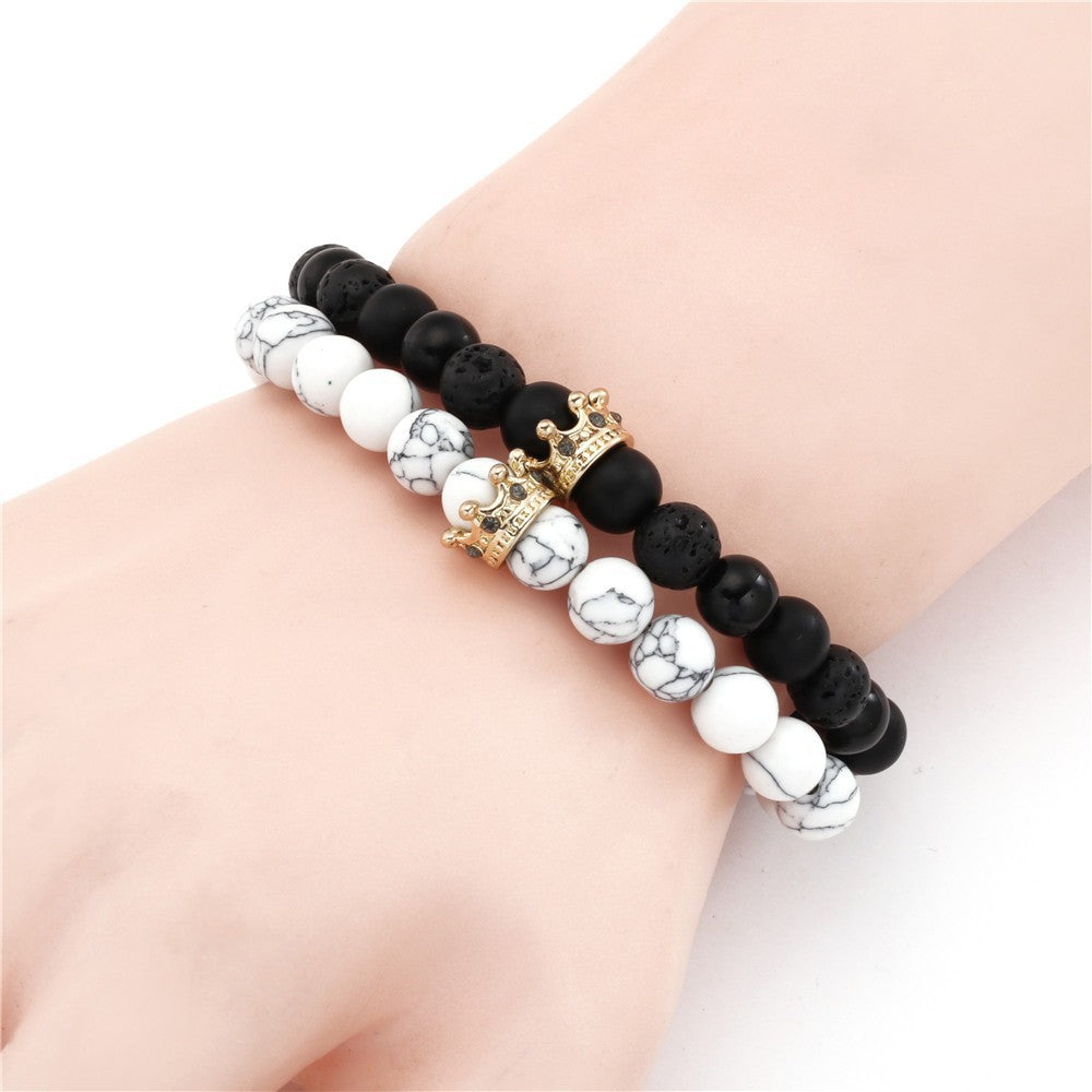 Punk Micro-pavé Cubic Zirconia Skull and Volcanic Stone Bead Bracelet for Unisex