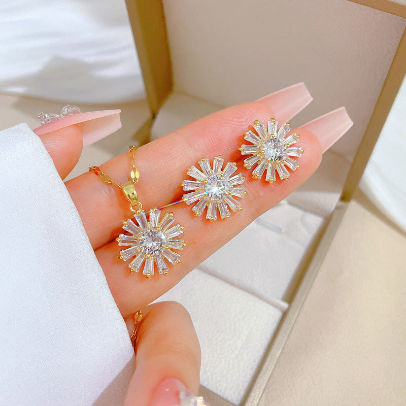 Luxury Titanium Steel Sunflower Pendant Necklace and Earrings Set with Geometric Design for Women Formal Events