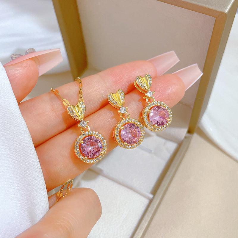 Luxury Fresh and Sweet Plated Brass Zircon Micro-Pave Earrings and Necklace Set