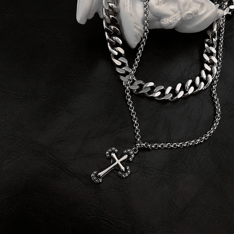 Minimalist Double-Layer Cross Pendant Necklace in Titanium Steel with Polished Finish for Men and Women