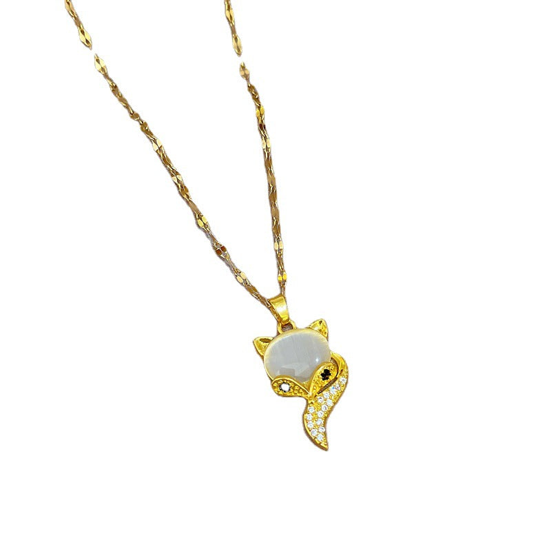 Exotic Style Fox Pendant Necklace for Women with Titanium Steel Chain and Rhinestone Inlay in Geometric Shape