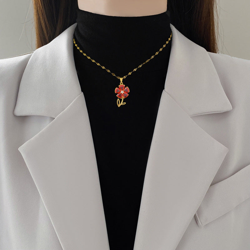 Sweet Minimalist Geometric Moon Floral Rhinestone Brass Pendant Titanium Steel Necklace for Unisex