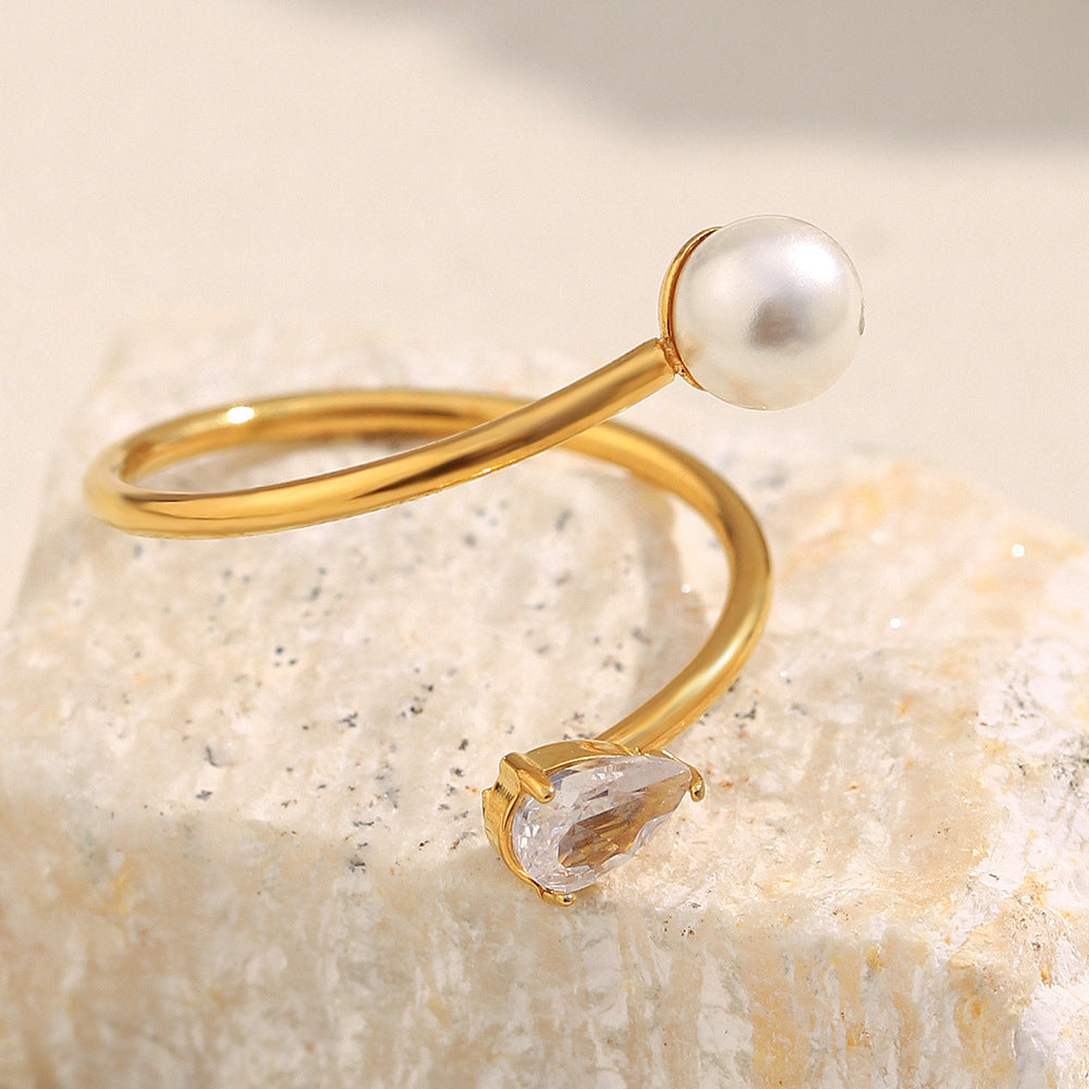 Minimalist Asymmetrical Snake Ring for Women in Stainless Steel with 18K Gold Plating Featuring Simulated Pearl and Zirconia Accents
