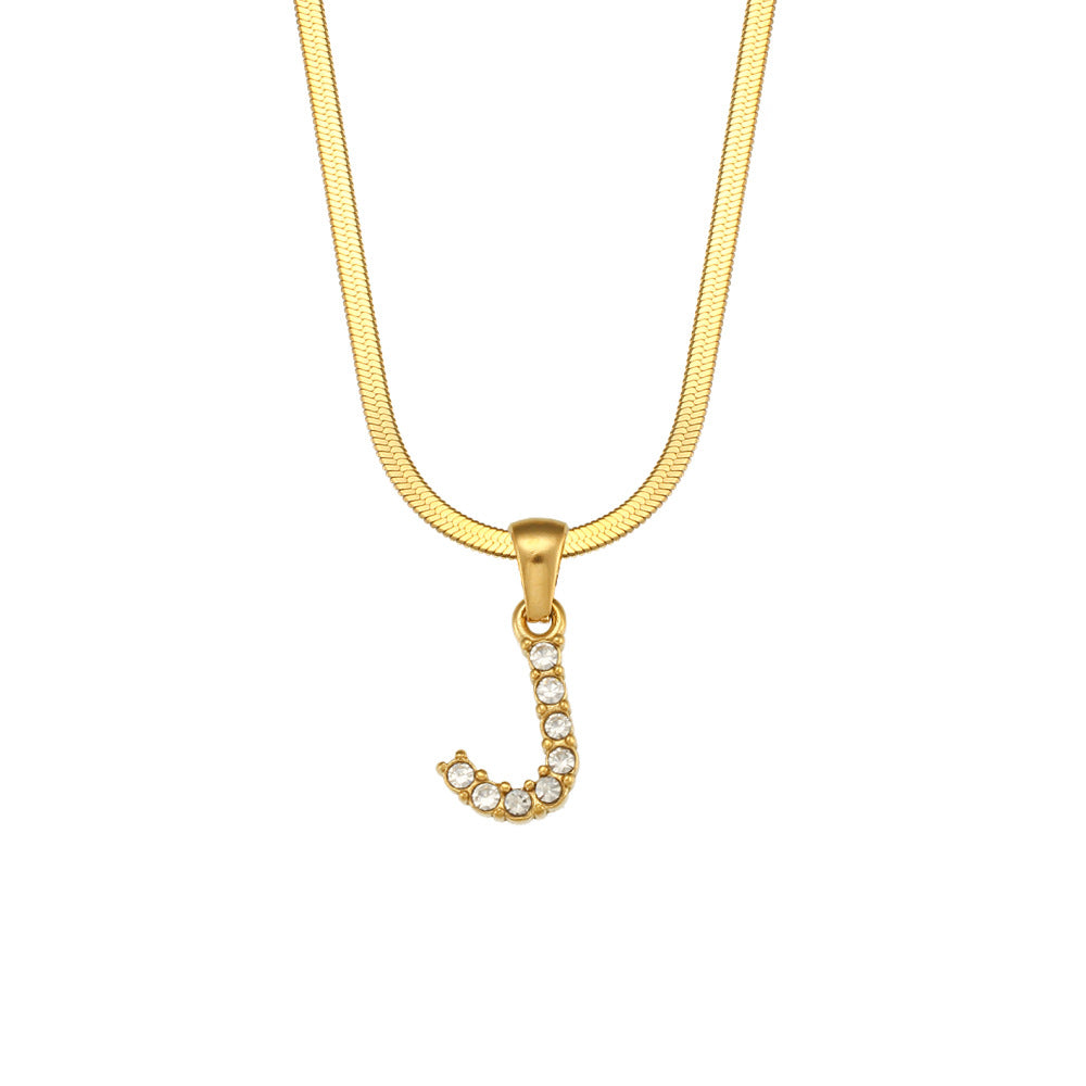 Collana Minimalista con Ciondolo a Lettera in Acciaio Inossidabile con Placcatura in Oro 18K e Zircone su Catena a Serpente Piatta per Donna