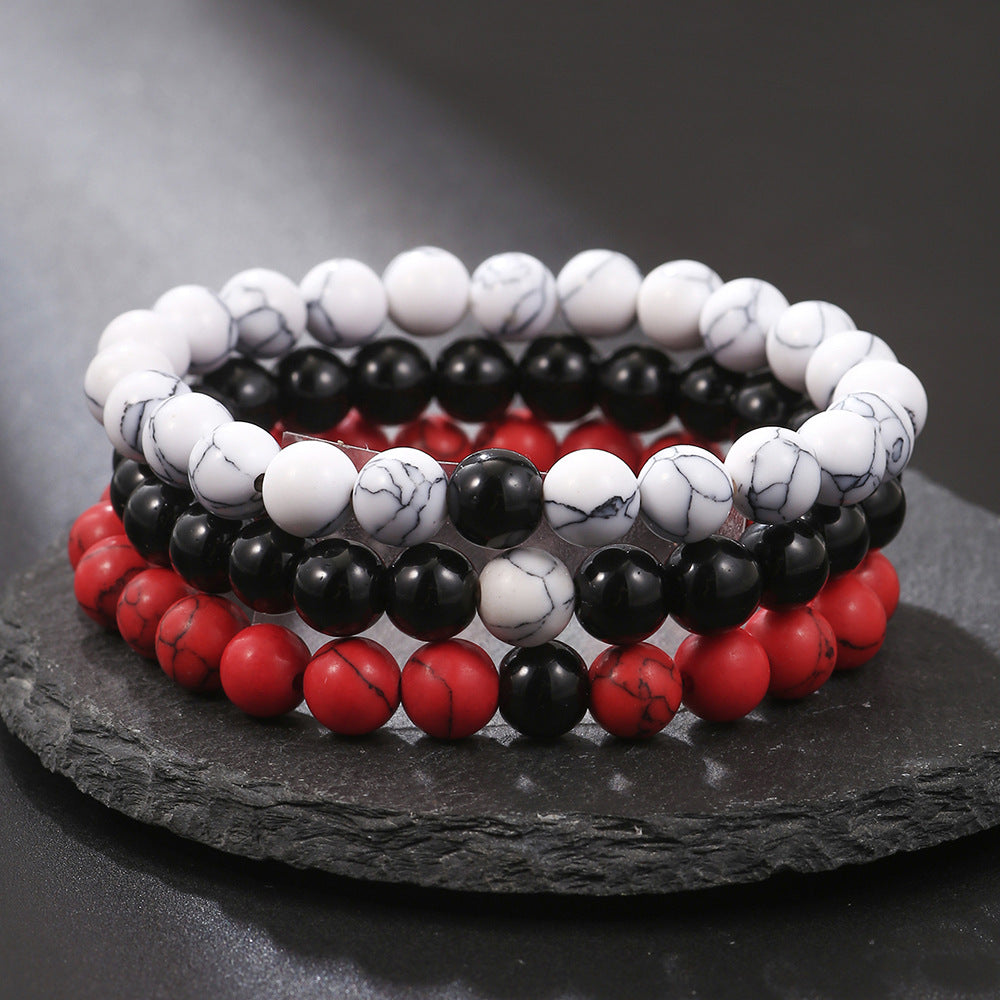 Fashion Unisex 8mm Round Onyx Turquoise Red Pine Stone Beaded Bracelet Handmade Geometric Jewelry