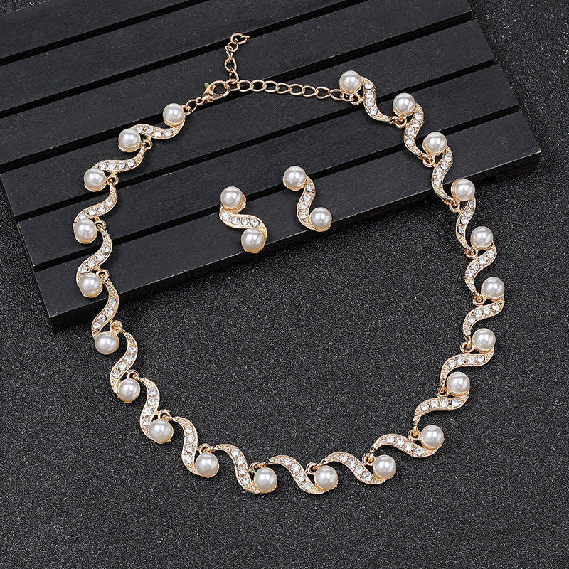 Chic Minimalist Pearl Pendant Necklace and Earrings Set for Women Alloy Chain with Twisted Rope Detail
