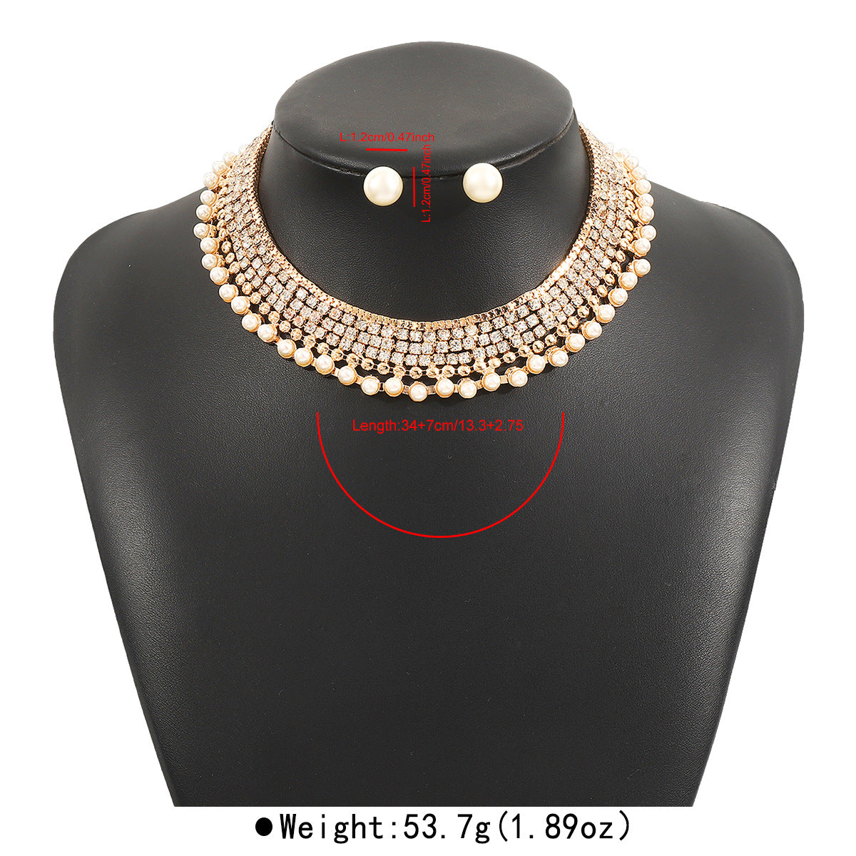 Collana girocollo e orecchini di lusso con perle e strass geometrici rotondi, con lavorazione a intarsio
