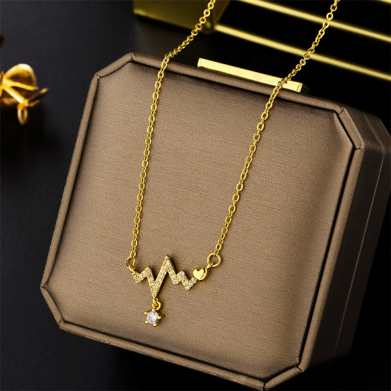 Collana a ciondolo ECG a battito cardiaco in acciaio al titanio con finitura galvanica, design geometrico, stile fresco e dolce per le donne