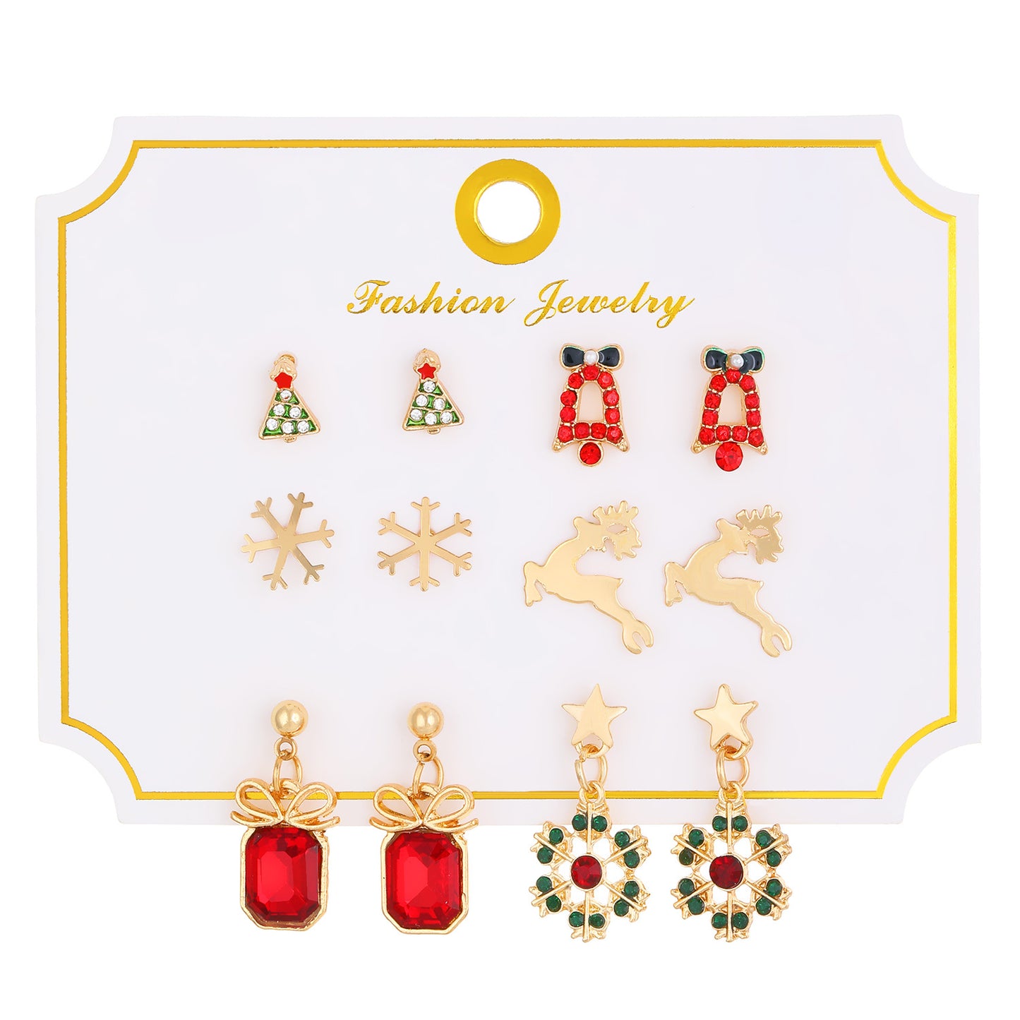 Christmas Elk and Santa Snowflake Earrings Set for Women Alloy Geometric Studs with Rhinestone Inlay Festive Holiday Jewelry