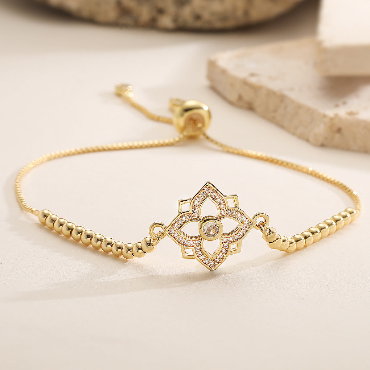 Minimalist Elegant 18K Gold Plated Brass Geometric Cubic Zirconia Beaded Bracelet for Women