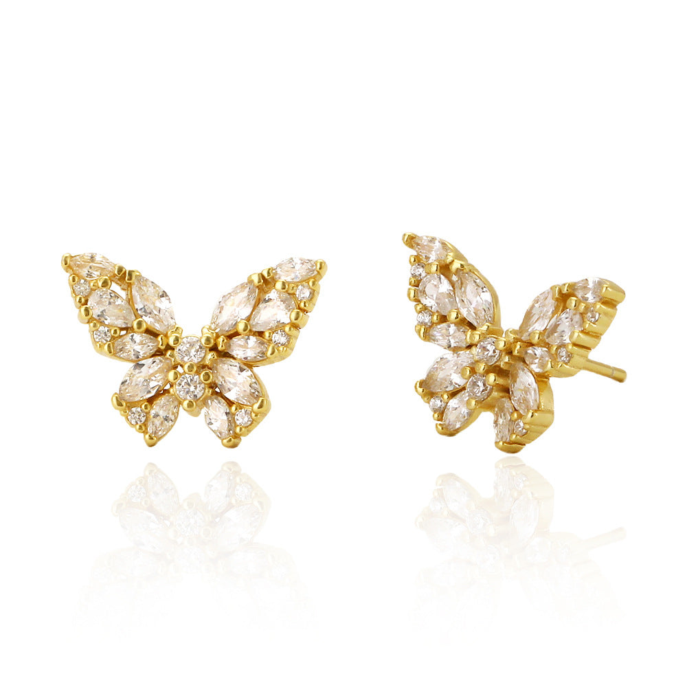 Orecchini a Perno in Argento Sterling S925 a Forma di Farfalla Dolce e Audace con Intarsio di Strass e Finitura Placcata