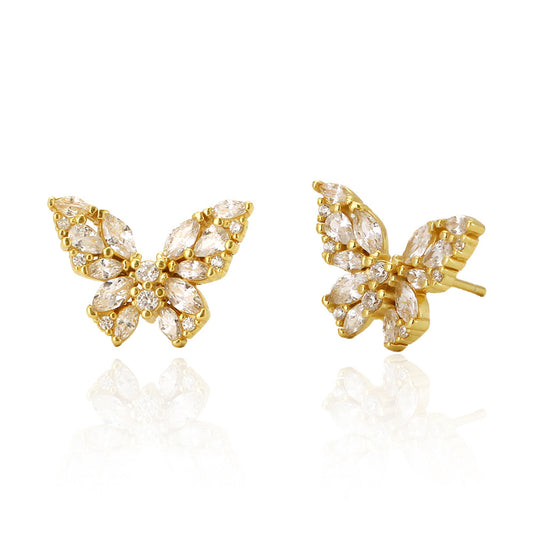 Pendientes de plata de ley S925 con forma de mariposa, incrustaciones de diamantes de imitación y acabado chapado