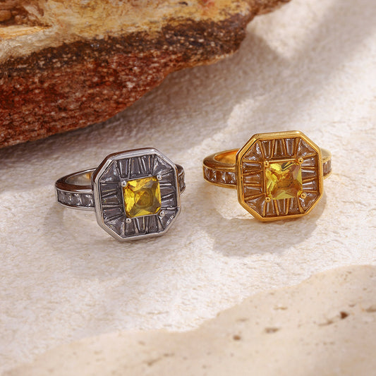 Vintage Elegant 18K Gold Plated Square Geometric Stainless Steel Ring with Full Cubic Zirconia for Women