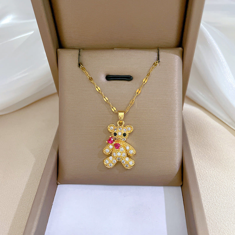 Minimalist Geometric Titanium Steel Necklace with Gold Plated Brass Pendant and Rhinestone Inlay