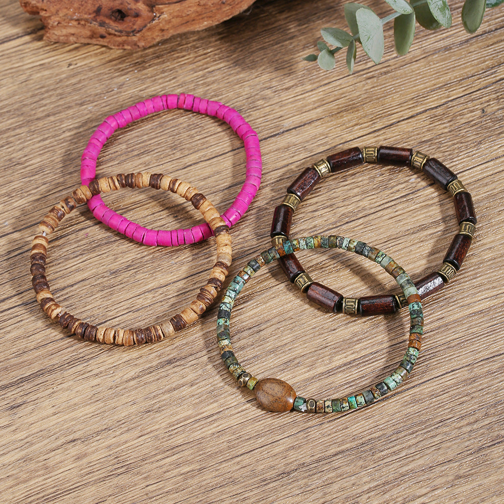 Vintage Bohemian Ethnic Round Geometric Wood Beaded Stretch Bracelet