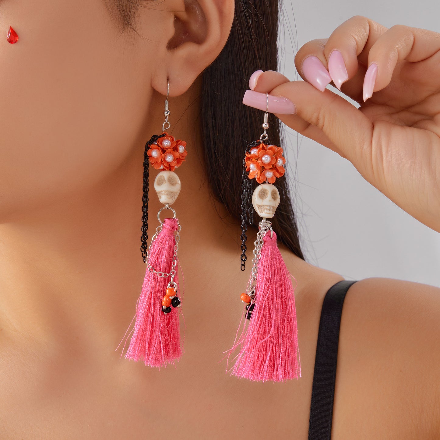 Pendientes de borla de calavera de Halloween para mujer, de aleación de zinc con acabado galvanizado
