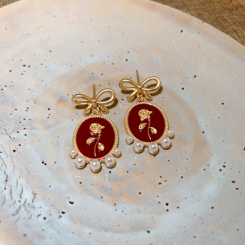 Elegant Geometric Dangle Stud Earrings for Women with Red Tassels, Alloy Base and Gold Plated Finish