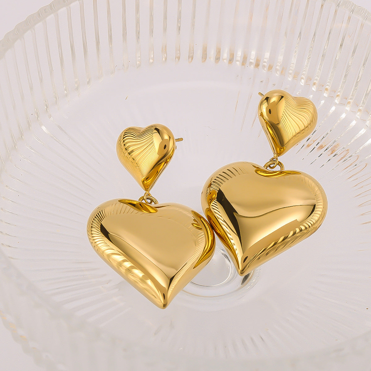 Ins Style Heart-Shaped Pendant Earrings with Double-Layer Love Heart Design, 18K Gold Plated Stainless Steel