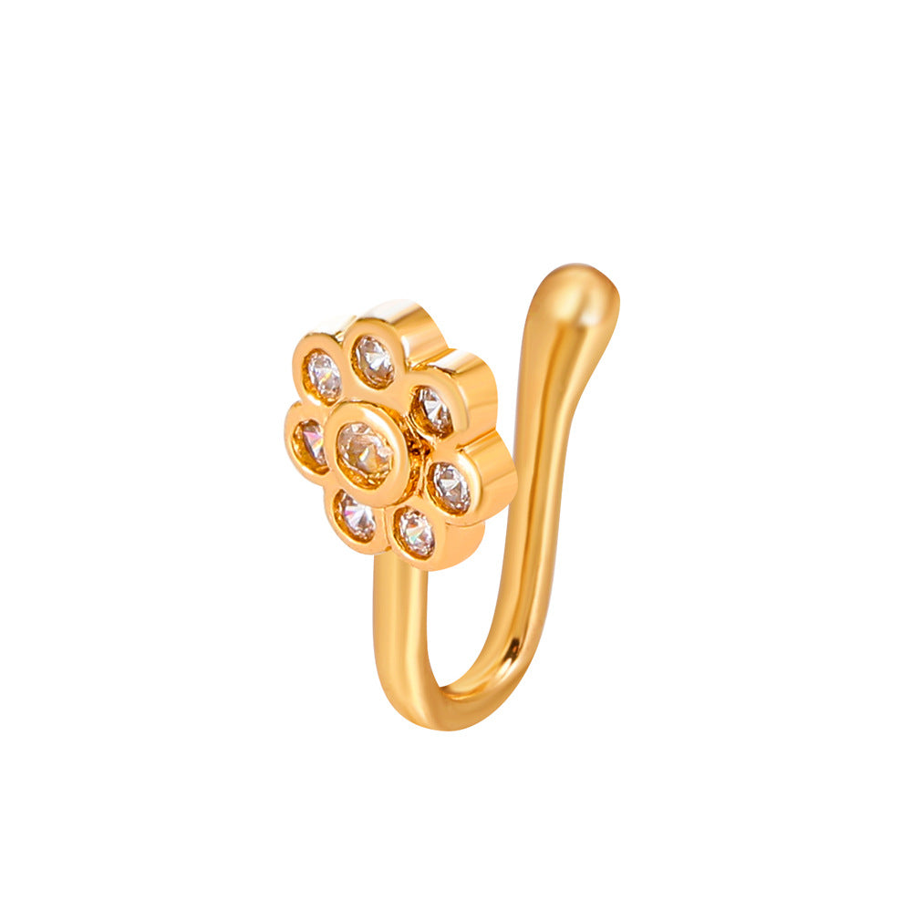 Clip per il naso a forma di U con stella e cuore placcata in rame vintage con zirconia cubica