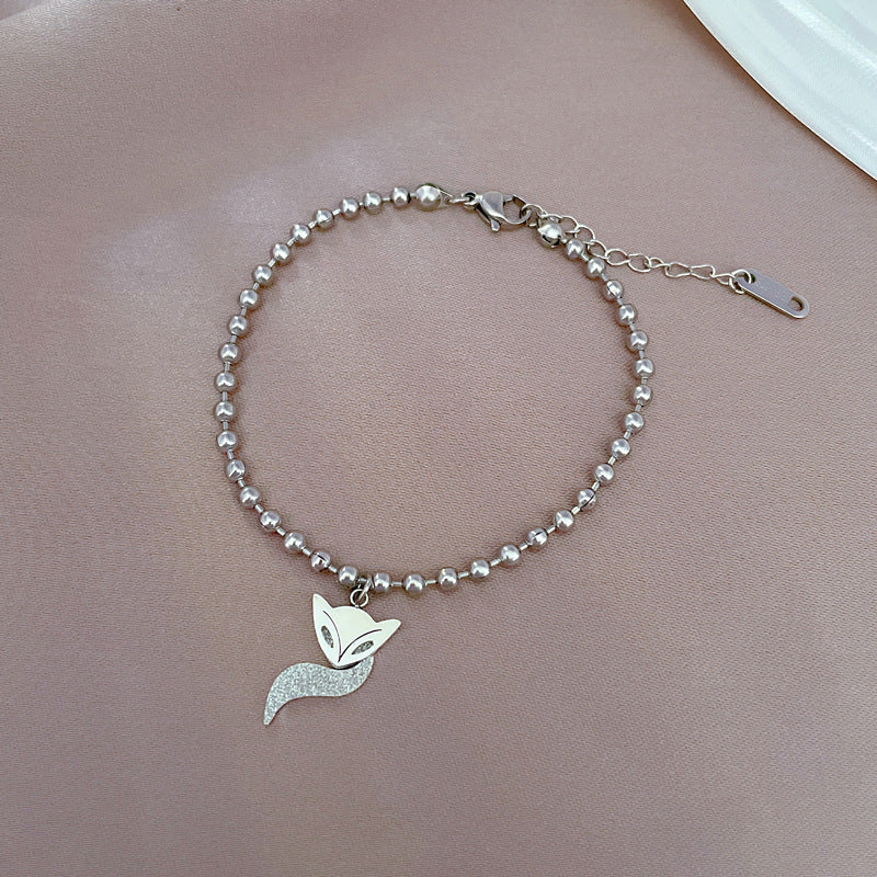 Pulsera Minimalista de Cola de Zorro con Cuentas para Mujer en Acero Titanio con Baño de Oro, Estilo Fresco y Dulce