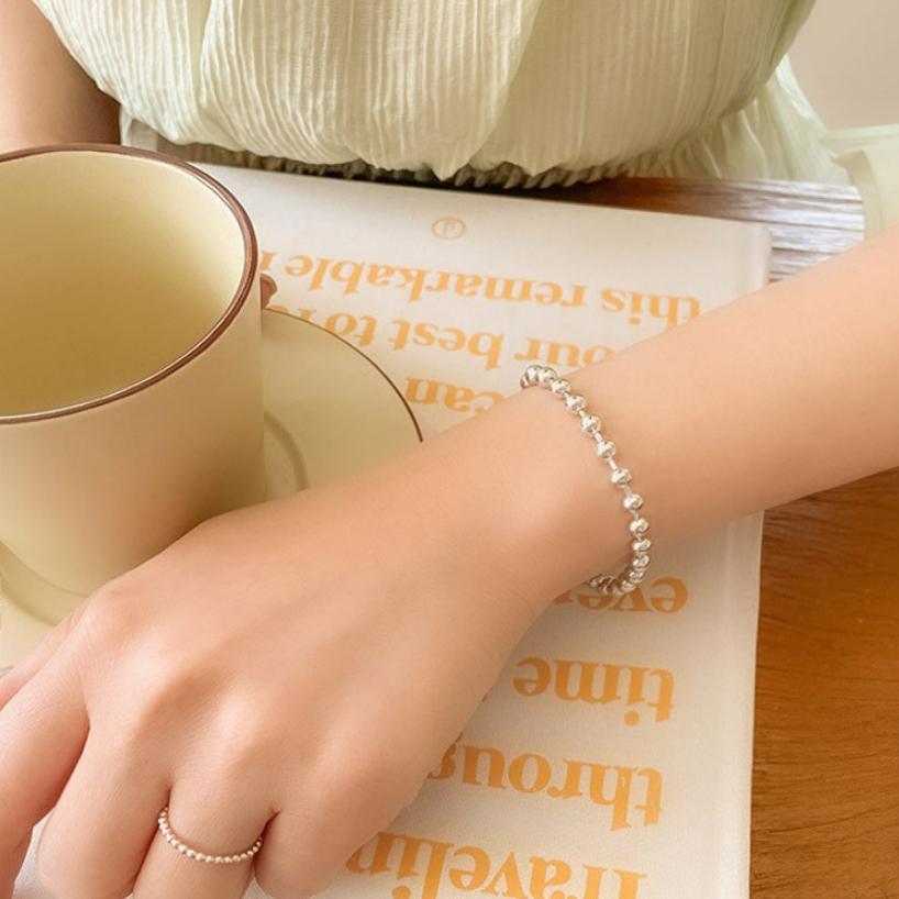 Pulsera de cadena de bolas redondas de plata de ley 925 minimalista para mujer