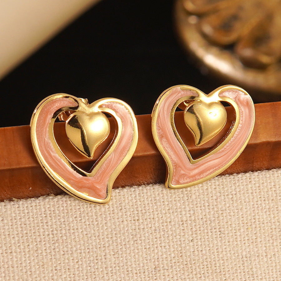 Vintage Sweet Irregular Hollow Heart Drip Oil Stainless Steel Earrings