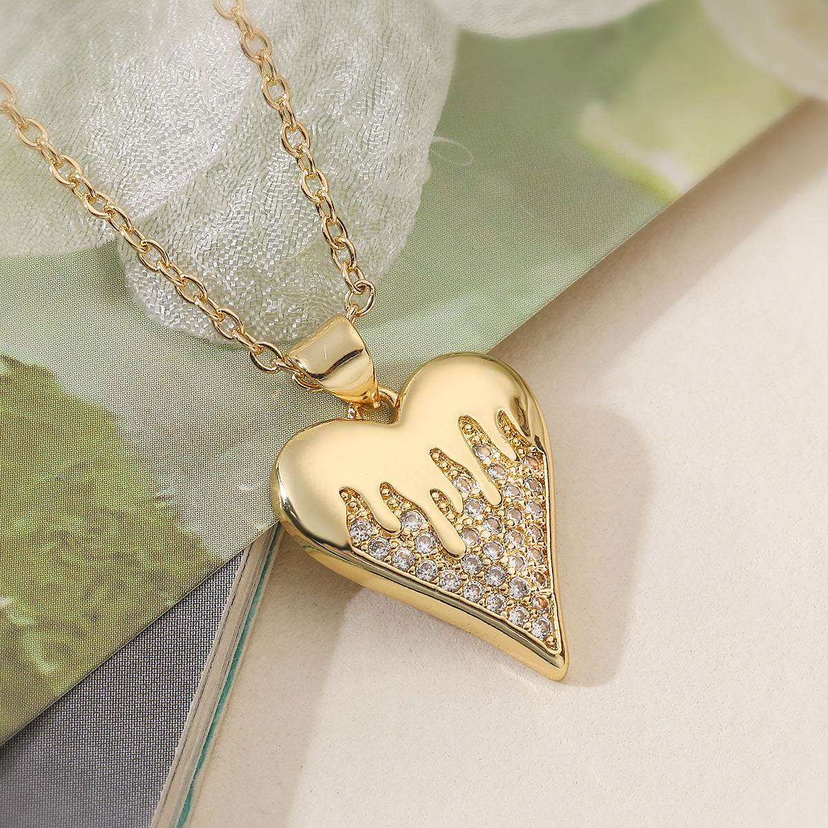 Minimalist Gold Plated Brass Heart Necklace with Cubic Zirconia for Women