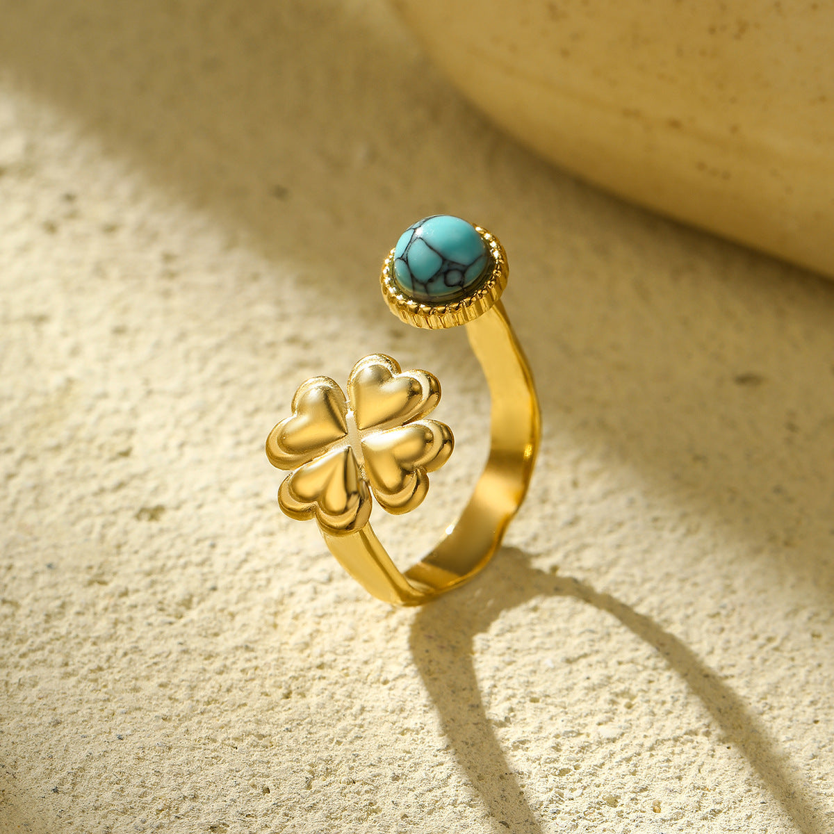 Fashionable Heart-Shaped Turquoise Natural Stone Stainless Steel Open Ring with Plating Finish for Women