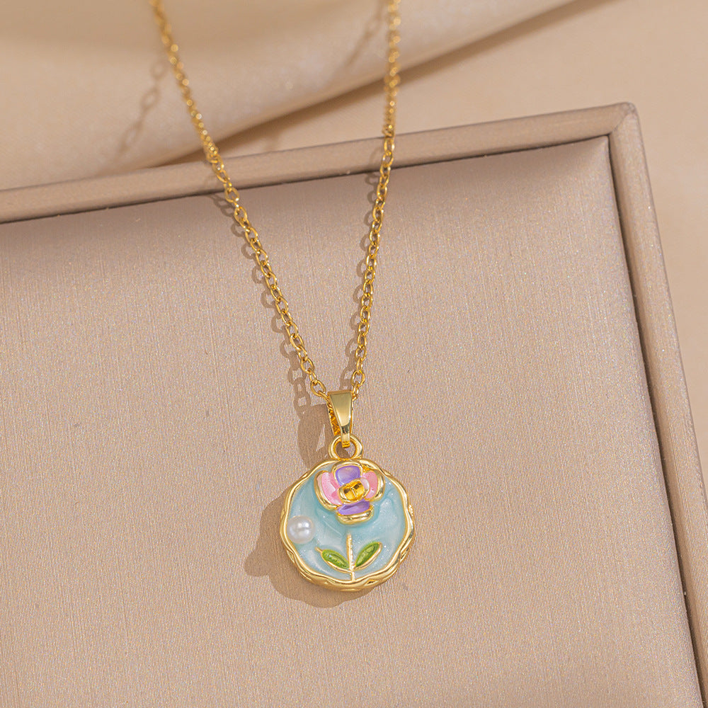 Baroque Style Leaf-Shaped Titanium Steel Necklace with Tulip Floral Motif, Vacuum-Plated for Hypoallergenic Wear, O-Chain Design