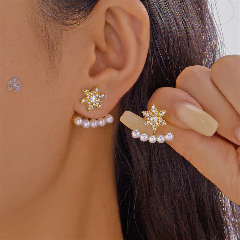 Pendientes Colgantes Copo de Nieve Estilo Cuento de Hadas con Detalles de Zirconia, Diseño Colgante, Base de Aleación de Zinc Galvanizada, Postes de Cerámica, Estética Fresca y Dulce