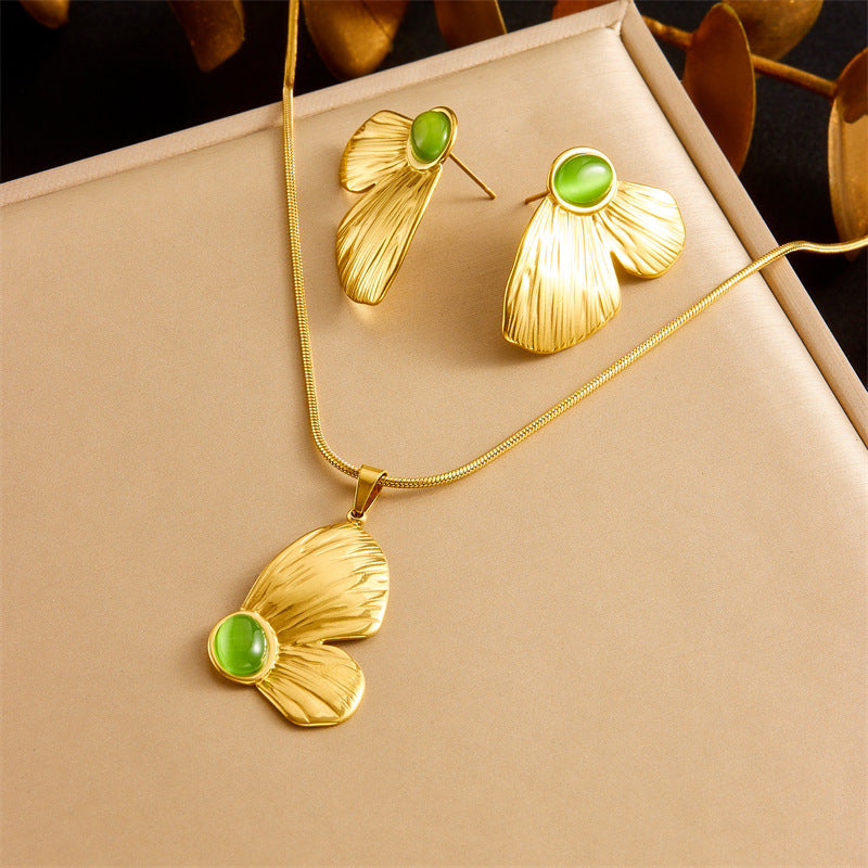 Vintage Sweet Oval Green Cat's Eye Butterfly Stainless Steel Plated Necklace and Earring Set with Snake Chain