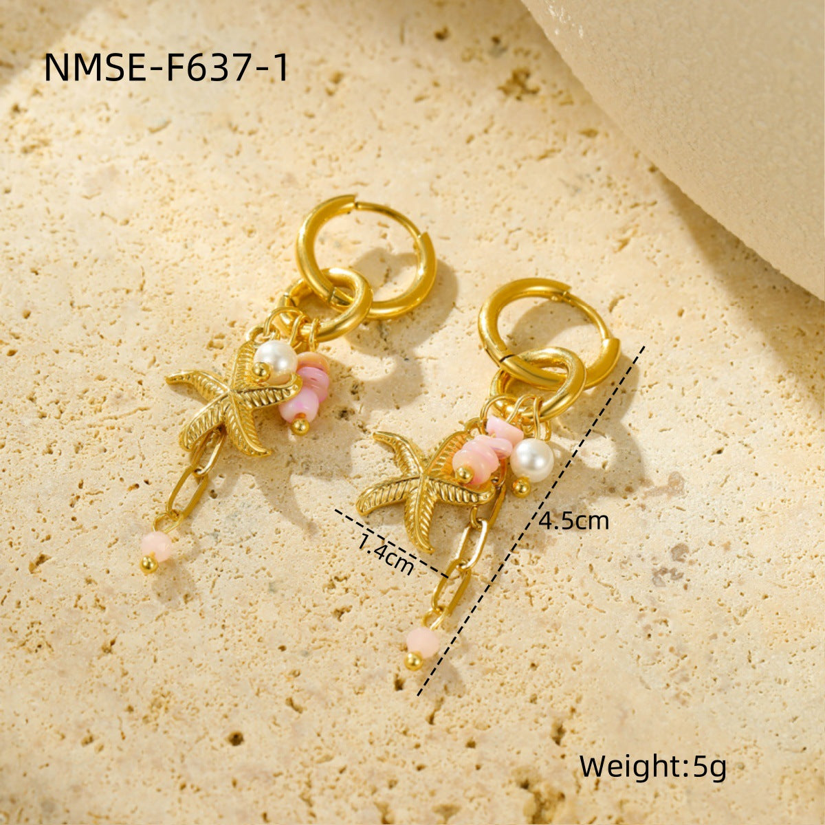 Pendientes de acero inoxidable con forma de estrella de mar, estilo vacacional, con incrustaciones de piedra natural para mujer
