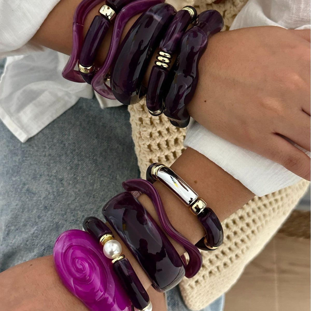 Set di bracciali vintage viola in acrilico con effetto goccia d'olio, gioielli alla moda con forme geometriche rotonde e quadrate