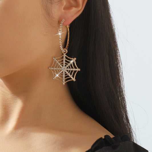 Sweet and Edgy Geometric Spiderweb Pendant Hoop Earrings in Alloy with Rhinestone Inlay and Plated Finish