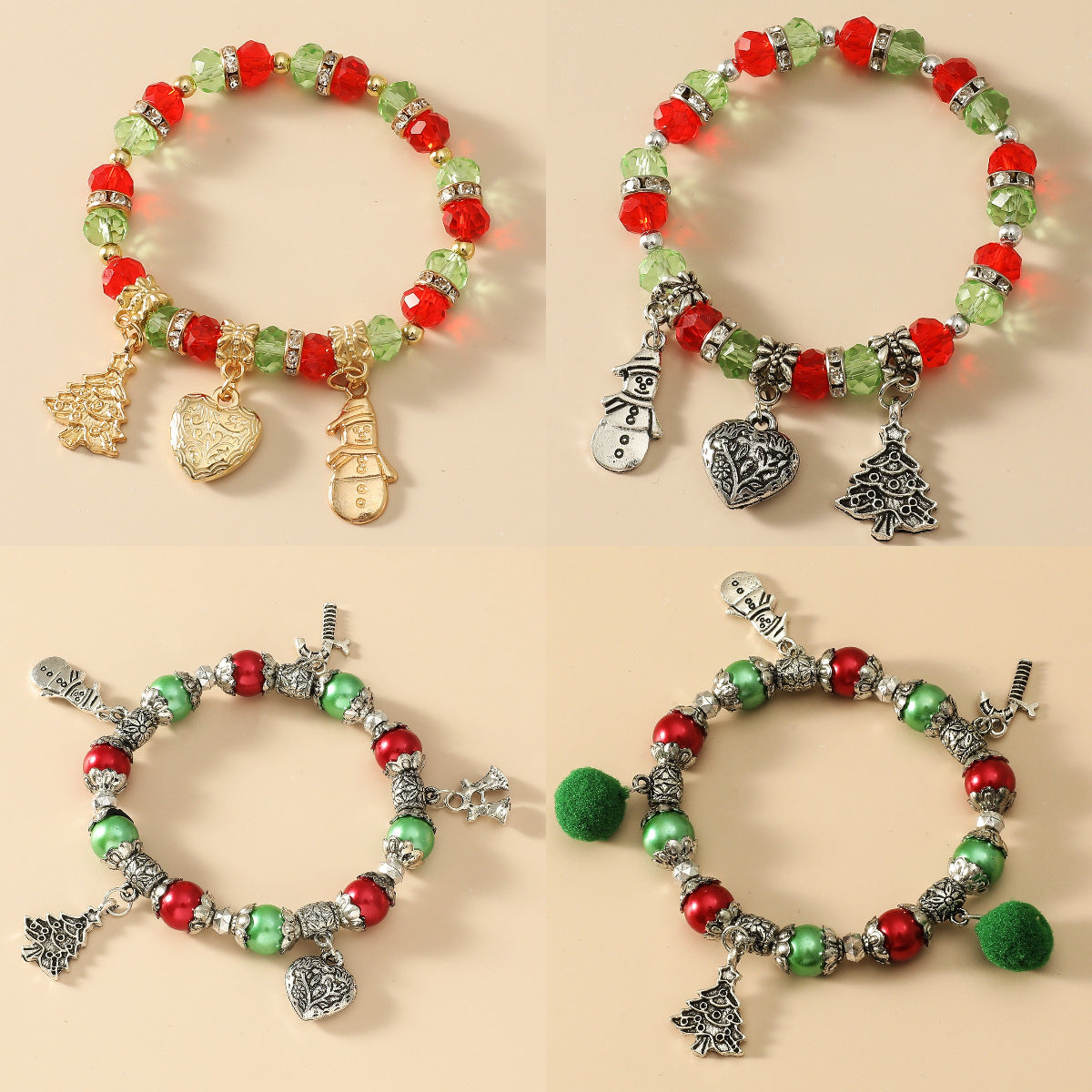 Braccialetto INS con ciondoli a forma di albero di Natale, pupazzo di neve e cuore per donna, con perline in lega e design festivo