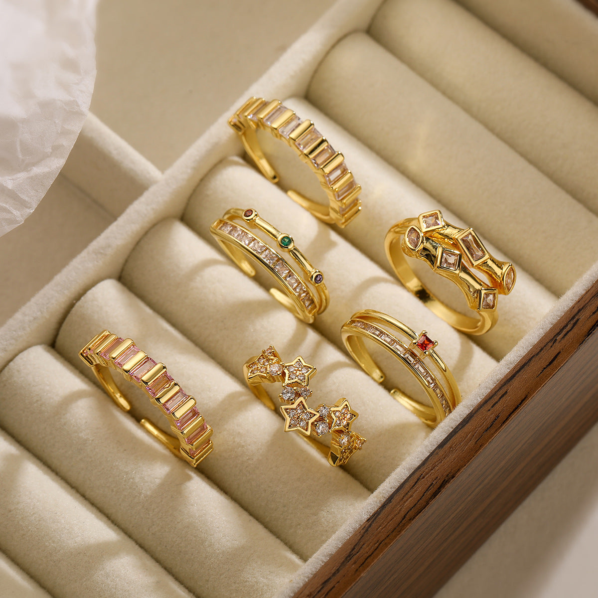 Minimalist Geometric Open Ring for Women in Copper with 18K Gold Plating and Zircon Inlay