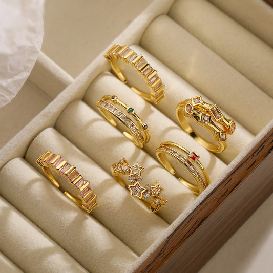 Anillo abierto geométrico minimalista para mujer en cobre con chapado en oro de 18 quilates e incrustaciones de circonitas