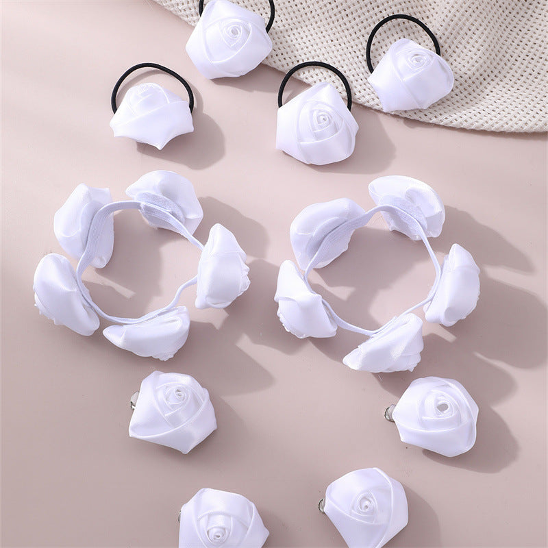 Conjunto de accesorios para el cabello de niña estilo INS con lazo de doble capa y rosa blanca 3D, que incluye pinzas para el cabello y gomas para el cabello