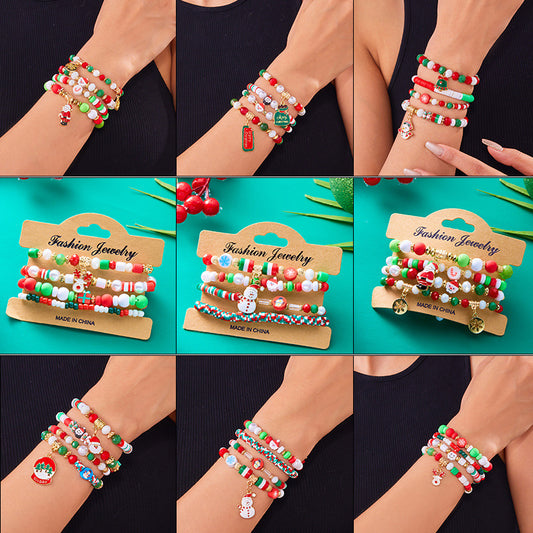 Set de pulseras de cuentas del alfabeto estilo Ins con dijes de Papá Noel y muñeco de nieve de arcilla polimérica para mujer