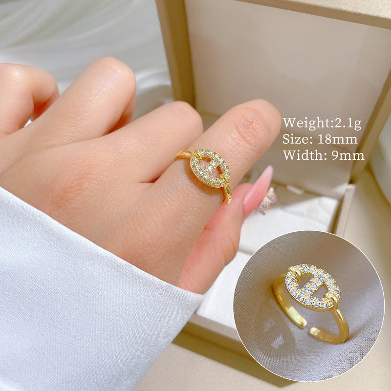 Minimalist Geometric Gold-Plated Brass Open Ring for Women with Crown Shape and Rhinestone Inlay