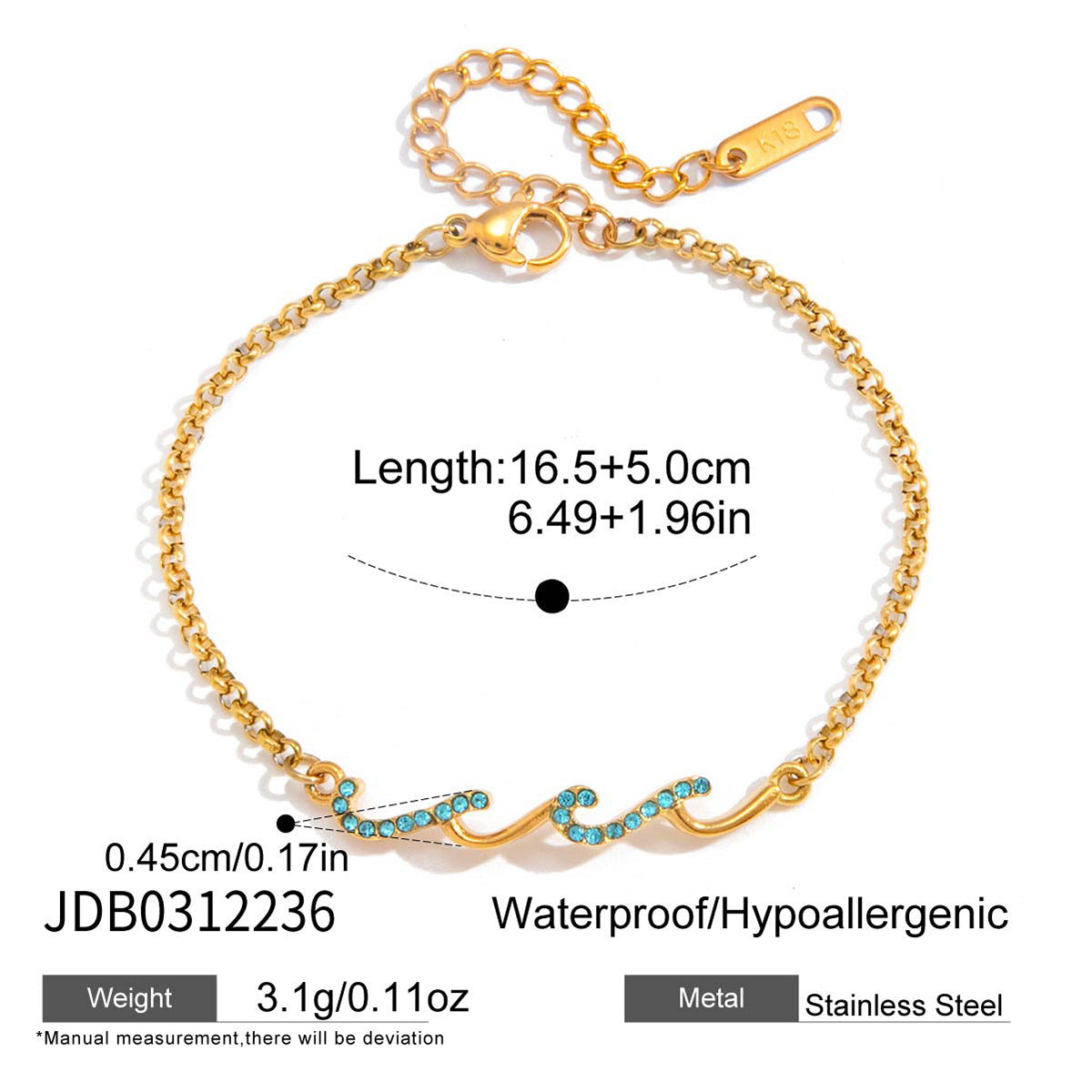 Elegant Geometric Stainless Steel Blue Rhinestone Wave Bracelet for Women
