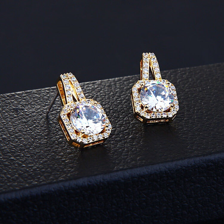 Minimalist Geometric Alloy Stud Earrings with Rhinestone Inlay for Women, Plated Finish, Fashionable Office Wear