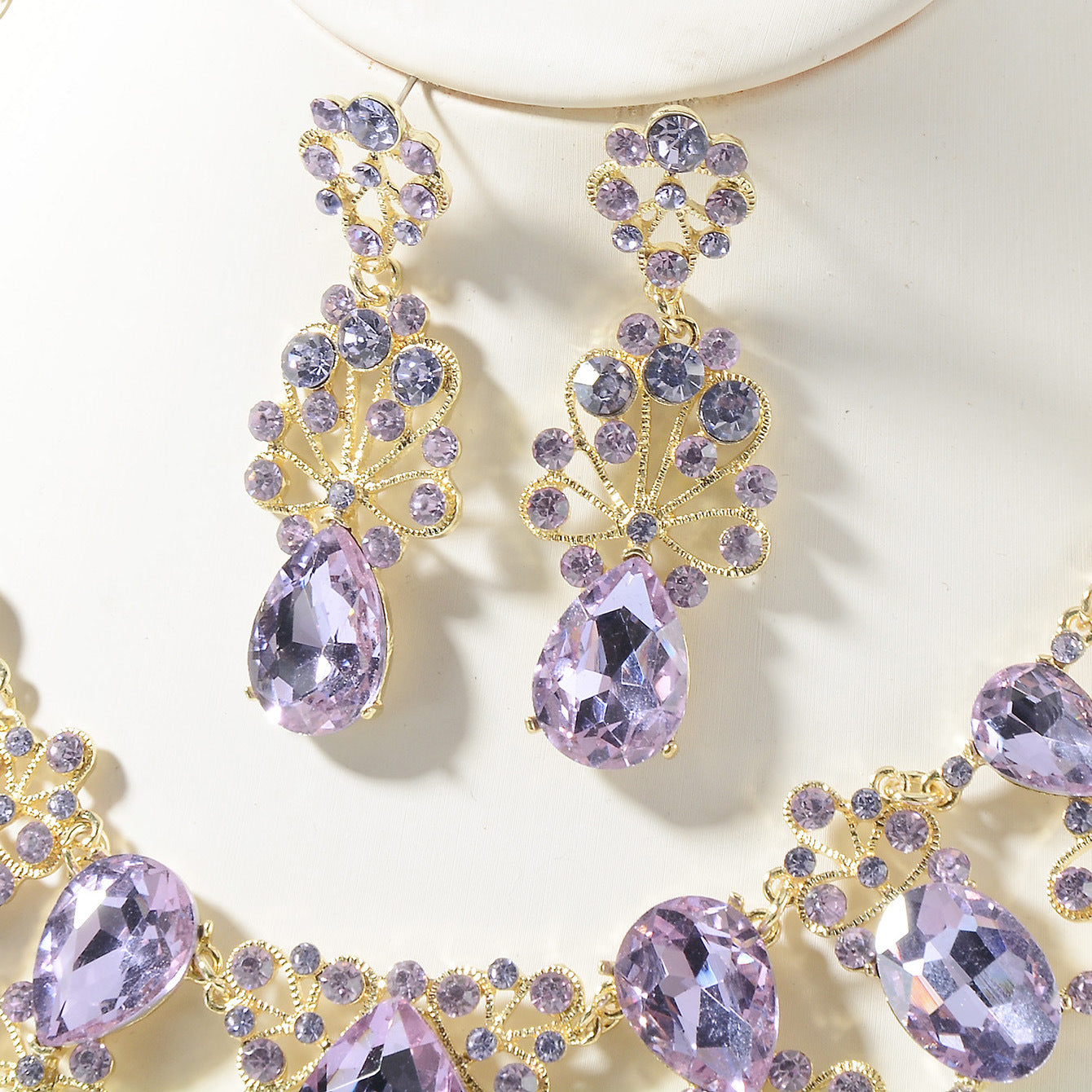 Sweet Floral Crystal Alloy Plated Necklace and Earring Set with Cable Chain for Women