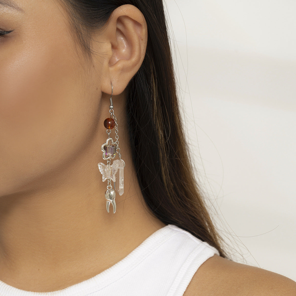 Sweet Vintage Butterfly Flower Teardrop Crystal Acrylic Alloy Plated Earrings with Tassel for Women