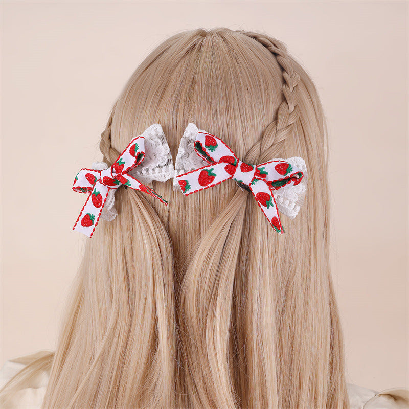 Natural Style Bow-Shaped Hair Clip Set for Kids with Red Satin Ribbon and Strawberry Embroidery Design