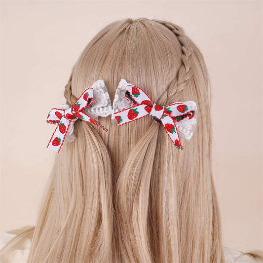 Natural Style Bow-Shaped Hair Clip Set for Kids with Red Satin Ribbon and Strawberry Embroidery Design